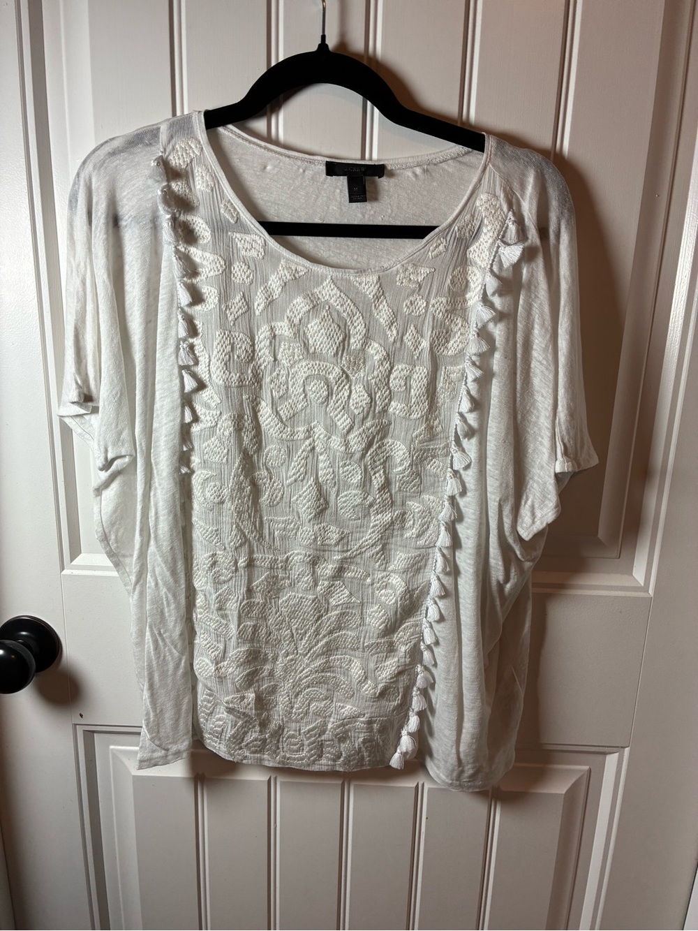 J. Crew Cream Embroidered Short Sleeve Tee with Tassel Detail